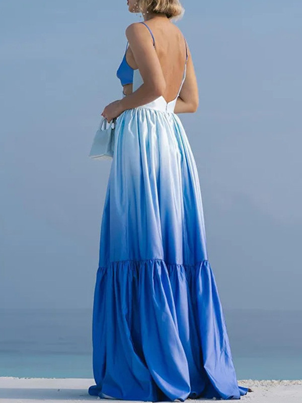 Gradient Color Pleated Sleevless Spaghetti-Neck Elegant Maxi Dresses