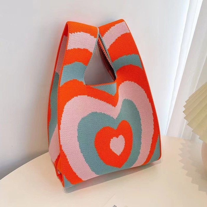 Geometric Contrast Color Woven Handbag