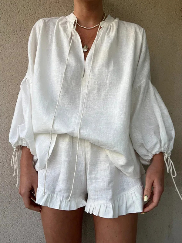 Solid Color Blouses Shirt Tops & Short Two-Piece Sets