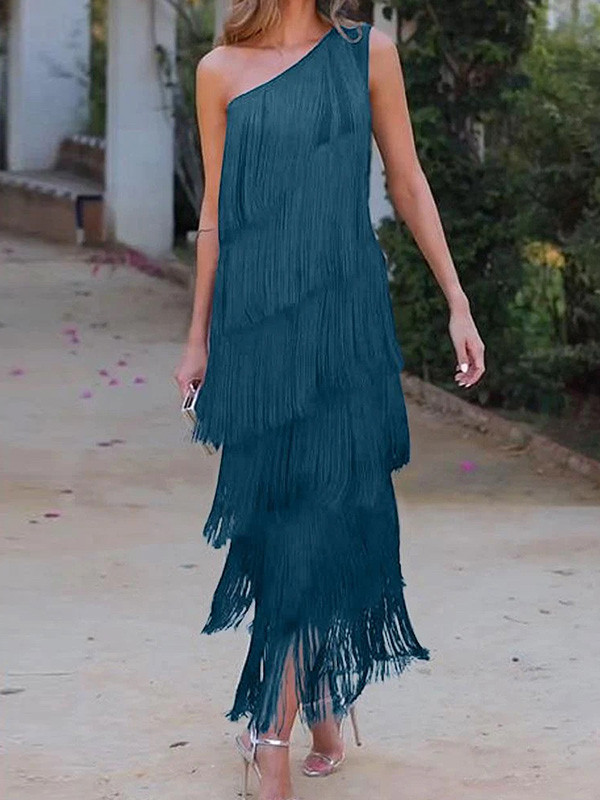 Asymmetric Solid Color Split-Joint Tasseled Loose Sleeveless One-Shoulder Maxi Dresses
