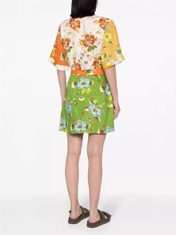 Short Sleeves Flower Print Lapel Collar Mini Dresses
