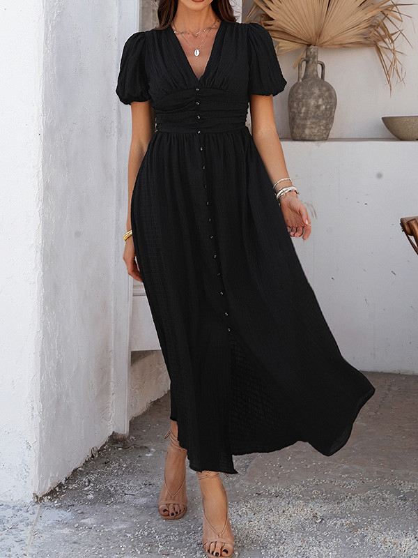Buttoned Elasticity Pleated Solid Color A-Line High Waisted V-Neck Maxi Dresses