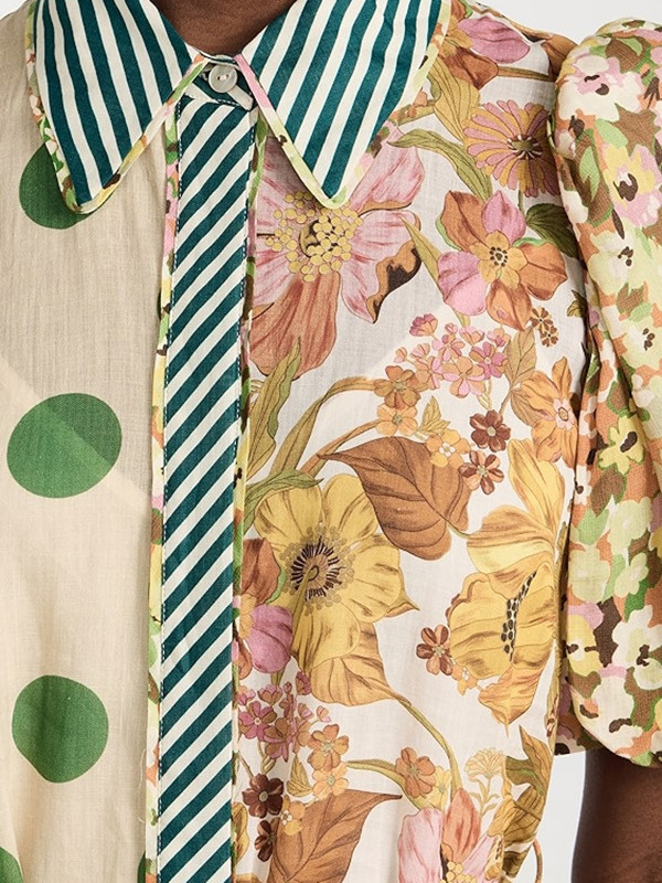 Short Sleeves Flower Print Patchwork Lapel Collar Maxi Dresses