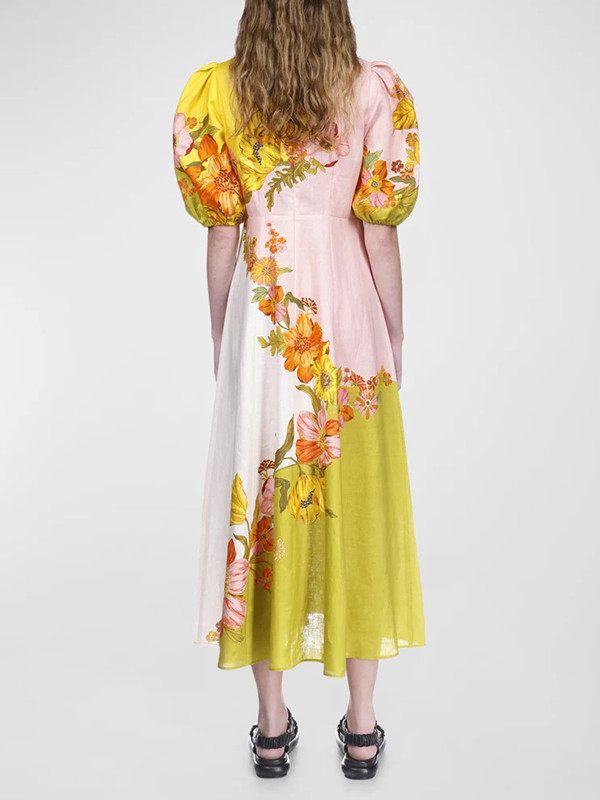 Puff Sleeves Short Sleeves Flower Print Round-Neck Maxi Dresse