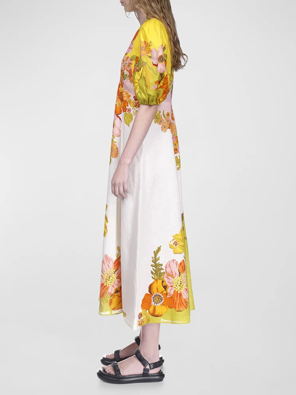 Puff Sleeves Short Sleeves Flower Print Round-Neck Maxi Dresse
