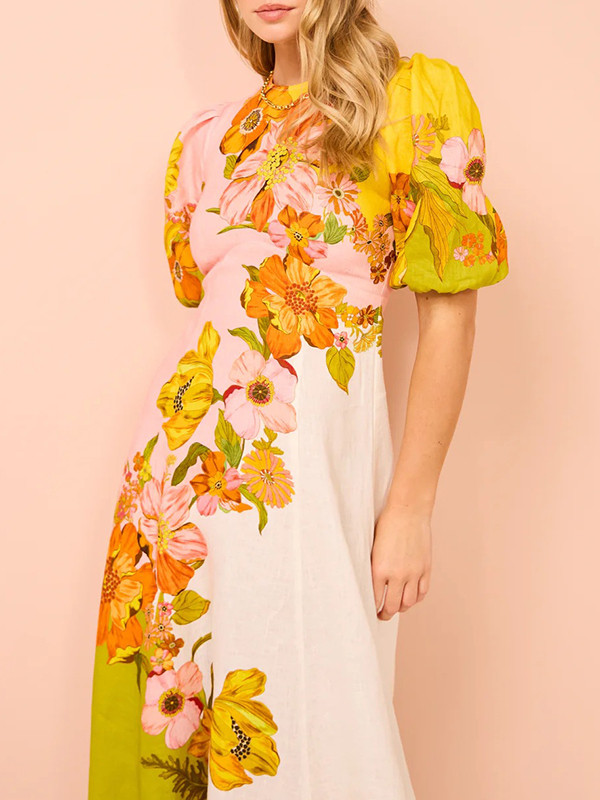 Puff Sleeves Short Sleeves Flower Print Round-Neck Maxi Dresse
