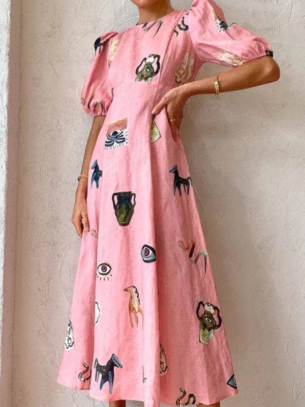 Puff Sleeves Short Sleeves Flower Print Round-Neck Maxi Dresse