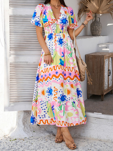 Contrast Color Elasticity A-line High Waisted V-neck Maxi Dresses