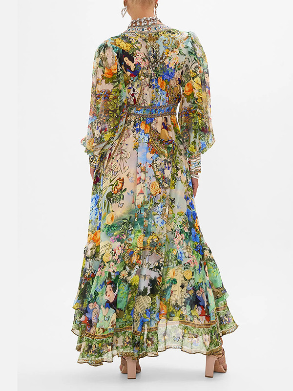 Floral Printed Long Sleeves Ruffled Elegant Maxi Dresses