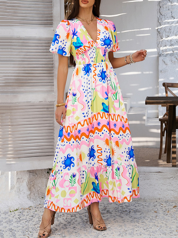 Contrast Color Elasticity A-line High Waisted V-neck Maxi Dresses