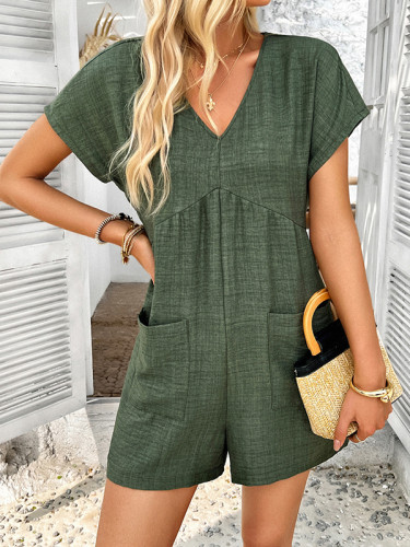 Backless Pockets Solid Color High Waisted Loose V-neck Rompers