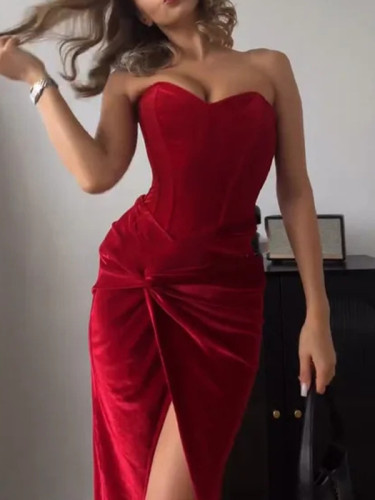 Velvet Ball Slit Side Wrap Wedding Guest Dress