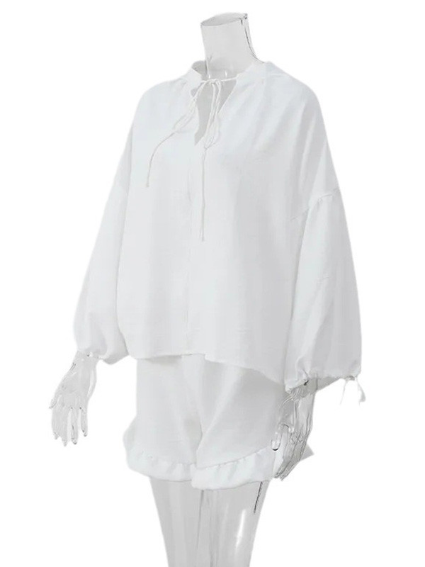 Solid Color Blouses Shirt Tops & Short Two-Piece Sets