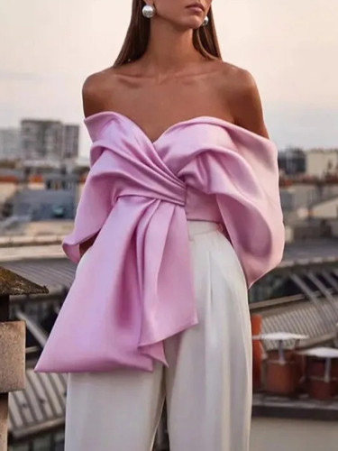 Bow-Knot One Shoulder Cloak Sleeves Satin Blouses