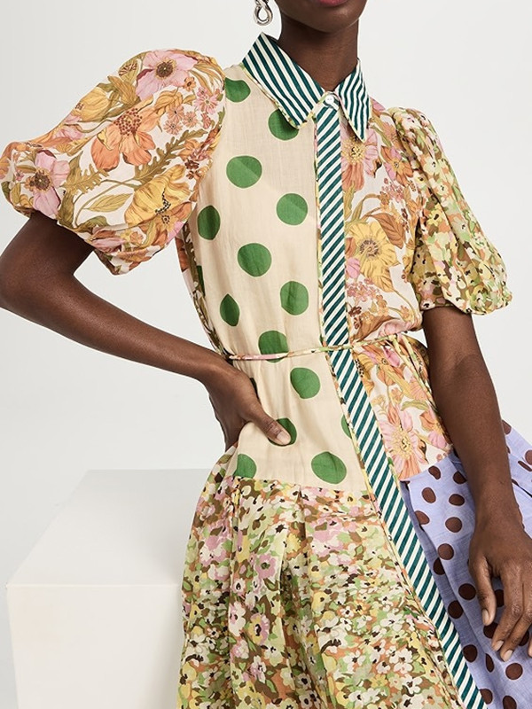 Short Sleeves Flower Print Patchwork Lapel Collar Maxi Dresses