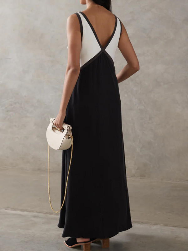 Contrast Color Split-Joint Loose Sleeveless Deep V-Neck Maxi Dresses