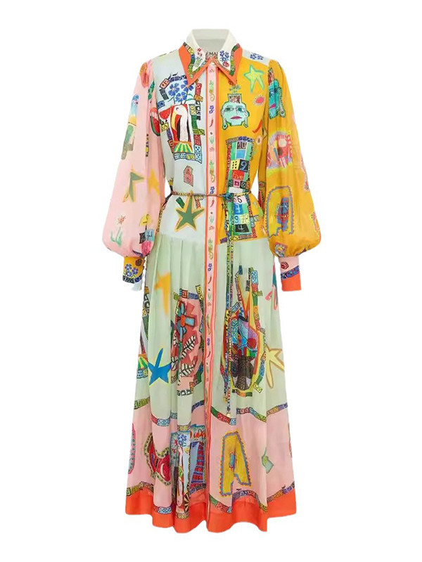 Flower Print Patchwork Lapel Collar Maxi Dresses