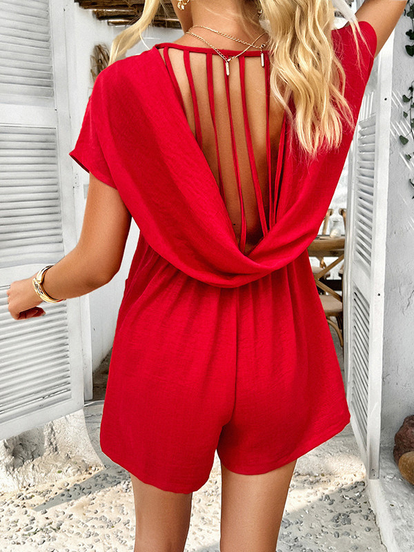 Backless Pockets Solid Color High Waisted Loose V-neck Rompers