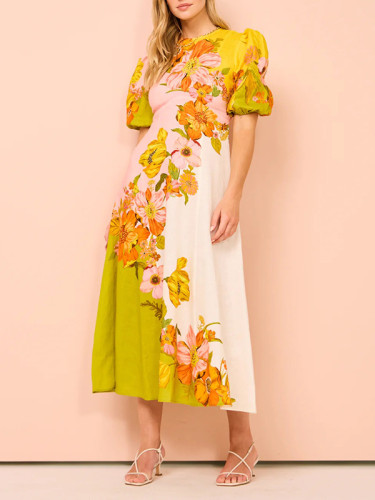 Puff Sleeves Short Sleeves Flower Print Round-Neck Maxi Dresse