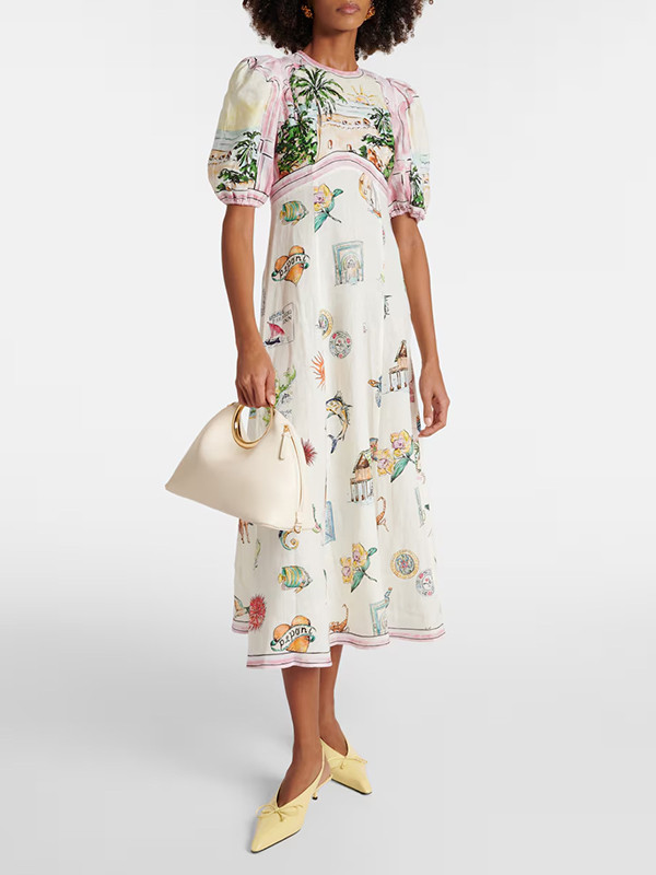 Puff Sleeves Short Sleeves Flower Print Round-Neck Maxi Dresse