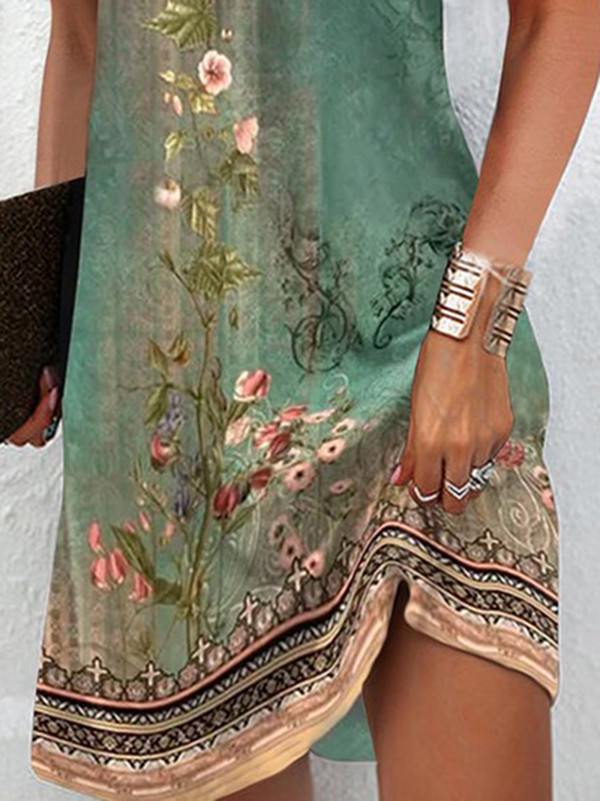 Floral Printed Split-Joint Loose Plus Size V-neck Mini Dresses