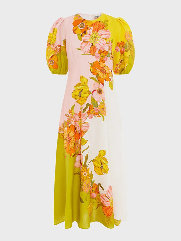 Puff Sleeves Short Sleeves Flower Print Round-Neck Maxi Dresse