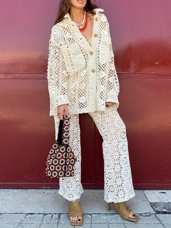 Flower Hollow  Long Sleeves Shirt && Pants Two-Pieces Set