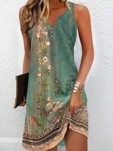 Floral Printed Split-Joint Loose Plus Size V-neck Mini Dresses