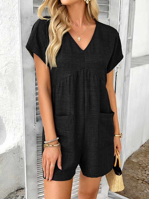Backless Pockets Solid Color High Waisted Loose V-neck Rompers
