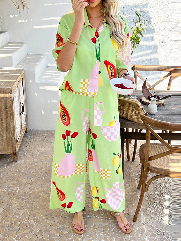 Contrast Color Flower Print Loose Buttoned Lapel T-Shirt Top + Elasticity Pockets High Waisted Pants Bottom Two Pieces Set