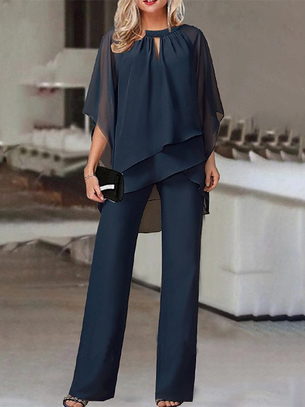 Solid Color Batwing Sleeves Shirt Tops & Pants Chiffon Two-Piece-Sets