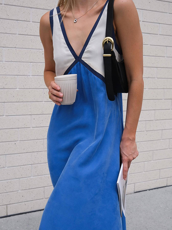 Contrast Color Split-Joint Loose Sleeveless Deep V-Neck Maxi Dresses