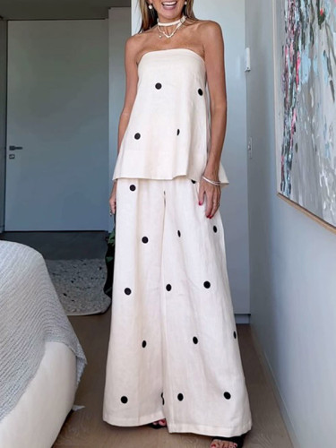 Tube Tops & Wide-Leg Pants Polka Dot Two-Piece Sets