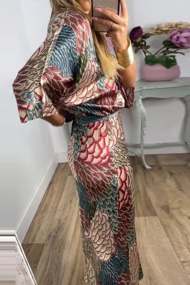 Harlen Satin Unique Printed Loose Shirt Top and Elastic Waist Maxi Skirt Set