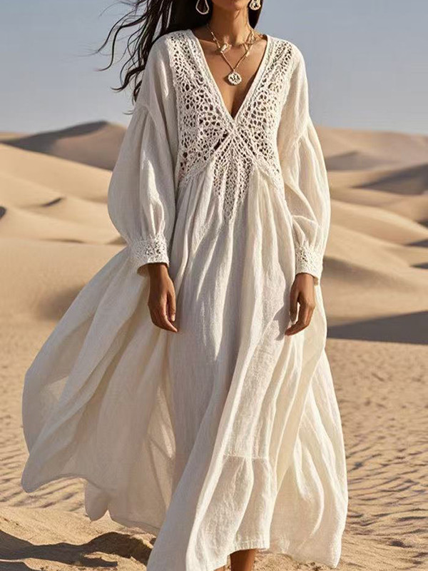 Solid Color Flower Hollow Loose Long Sleeves Bohemia Maxi Dresses