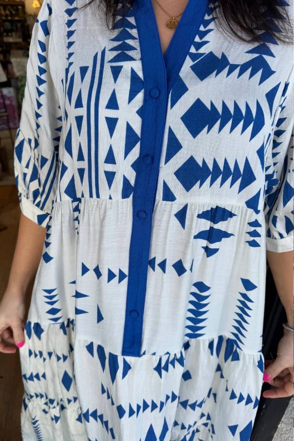 Women's Button V Neck Geometric Print Dress