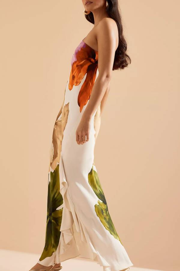 Love Filled Floral Print One Shoulder Side Ruffles Maxi Slip Dress