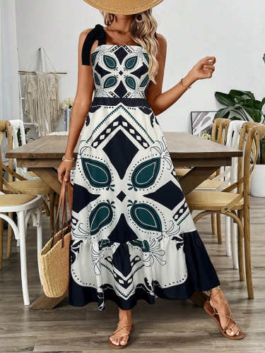 Elasticity Flower Print Pleated Tied A-Line Loose Spaghetti-Neck Maxi Dress