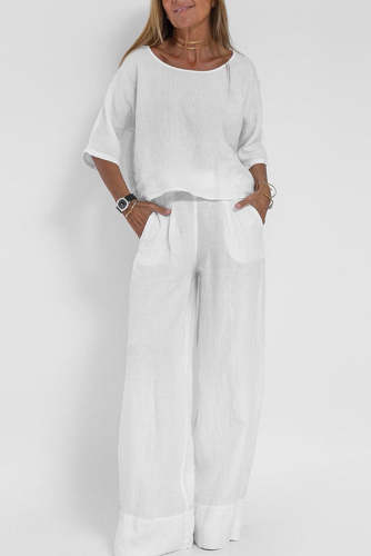 Linen Blend Solid Color Casual Round Neck Top and Loose Wide-leg Pants Set