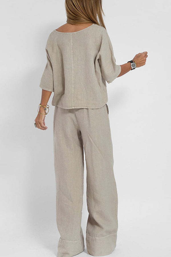 Linen Blend Solid Color Casual Round Neck Top and Loose Wide-leg Pants Set