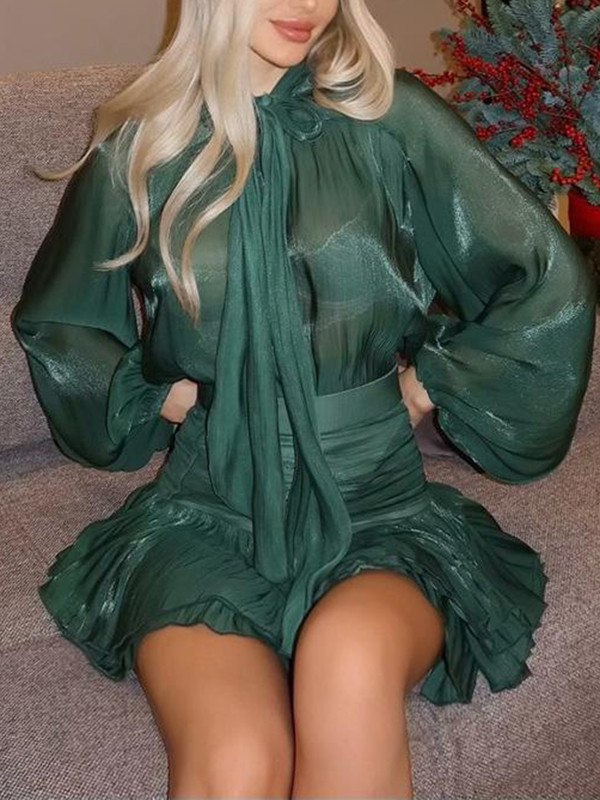 Bow Tie Long Sleeves Shirt & Pleated Mini Skirt Two-Piece Set