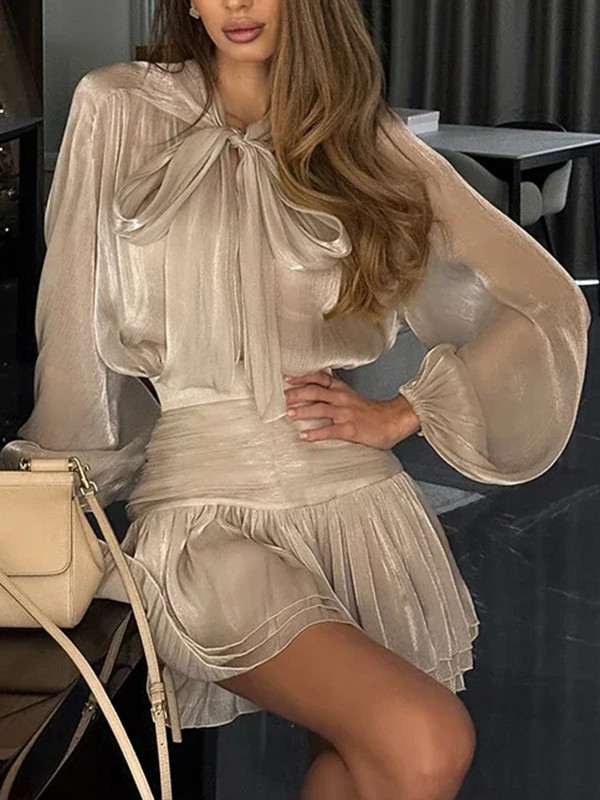 Bow Tie Long Sleeves Shirt & Pleated Mini Skirt Two-Piece Set