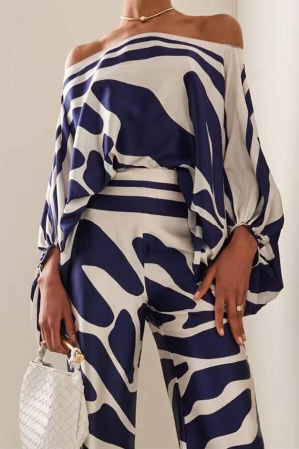 Casual Fashion Satin Printed Loose One-shoulder Neck Two-piece Suit