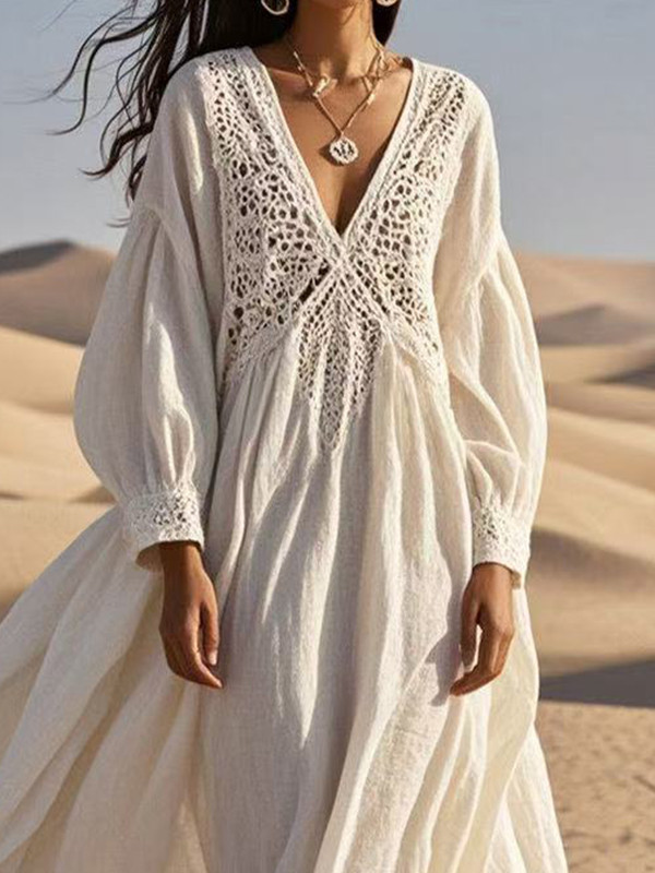 Solid Color Flower Hollow Loose Long Sleeves Bohemia Maxi Dresses