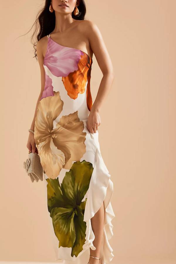 Love Filled Floral Print One Shoulder Side Ruffles Maxi Slip Dress