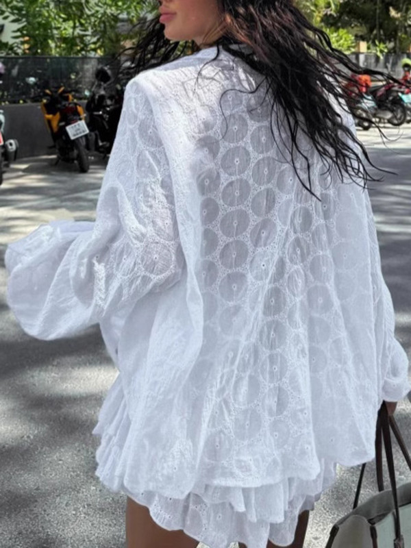 Solid Color Floral Hollow Long Sleeves Shirt & Short Two-Piece Sets