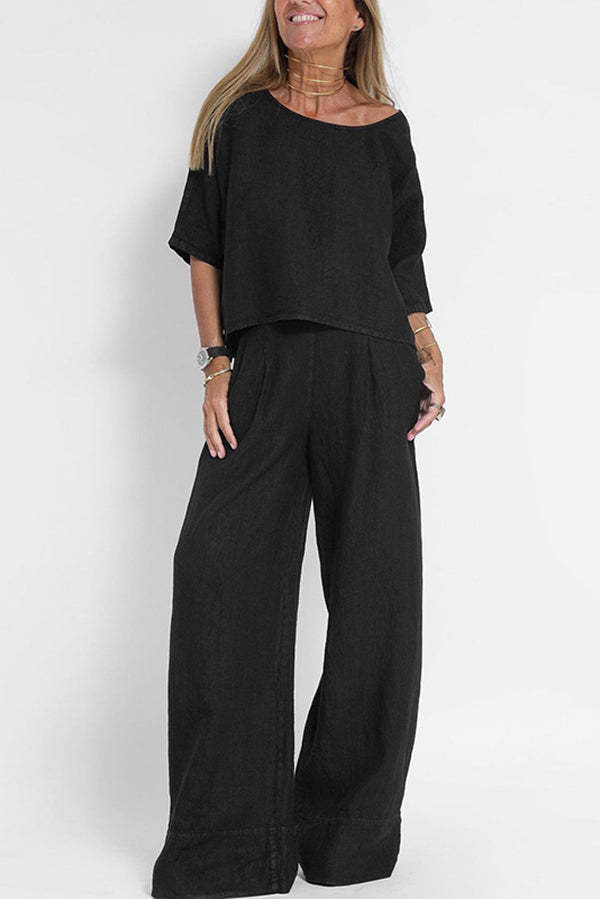 Linen Blend Solid Color Casual Round Neck Top and Loose Wide-leg Pants Set