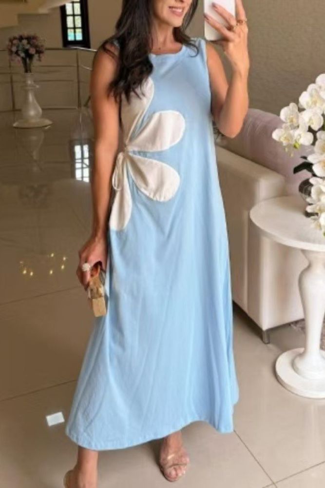 Solid Color Round Neck Floral Maxi Dress