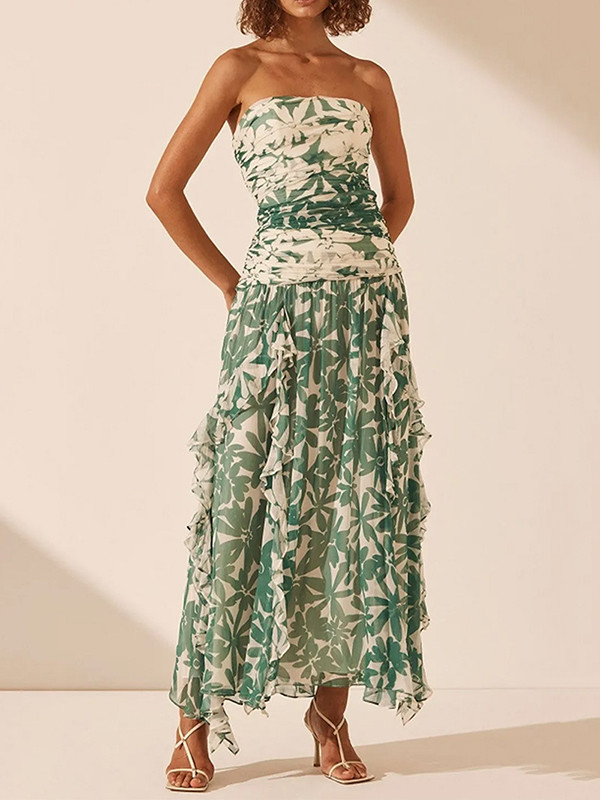 Flower Printed Ruffled Pleated Sleeveless Tube Maxi Dresses