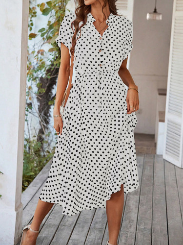 Buttoned Drawstring Polka-Dot A-Line High Waisted V-Neck Midi Dresses